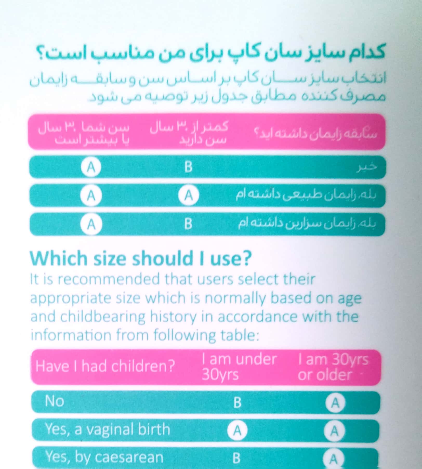 جدول انتخاب سایز سان کاپ